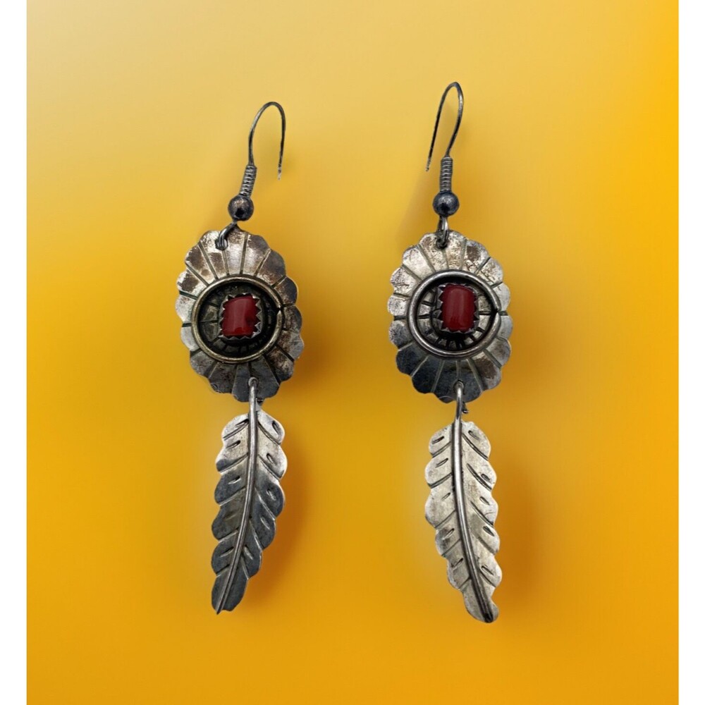 Vintage Southwest Concho Earrings Sterling Feather Coral Flower Navajo